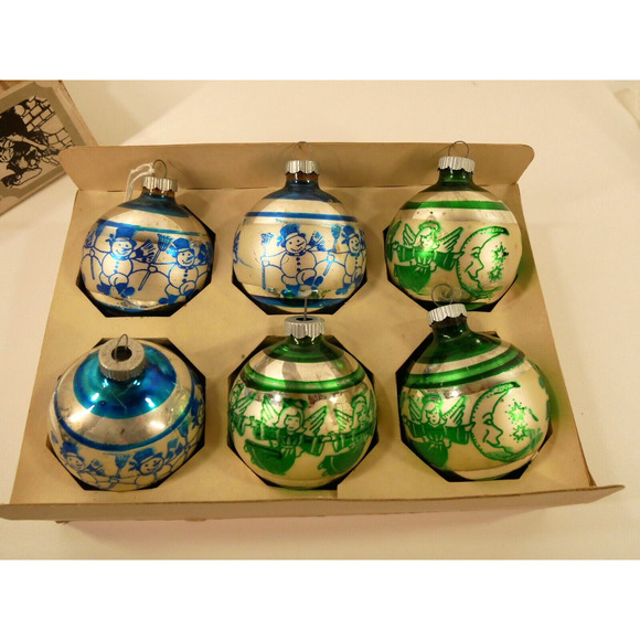 VTG 6 Shiny Brite Mercury Glass Ornament Green Blue Stencil Angel Moon Snowman